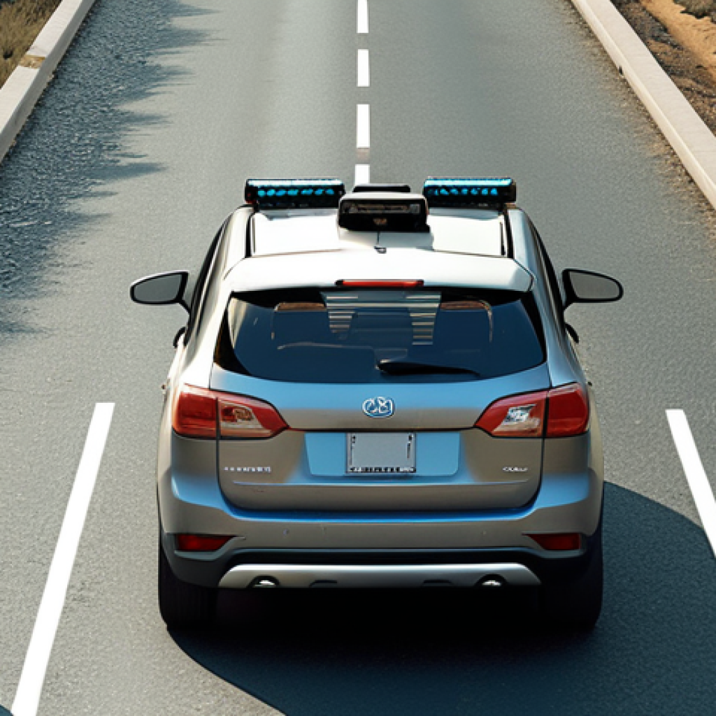 **A self-driving car facing a moral dilemma, visualized as a split road with a pedestrian on one side and the car's passengers on the other. The scene should evoke a sense of ethical conflict and uncertainty. Style: photorealistic, slightly dystopian.**