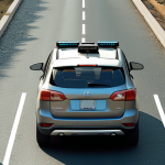 **A self-driving car facing a moral dilemma, visualized as a split road with a pedestrian on one side and the car's passengers on the other. The scene should evoke a sense of ethical conflict and uncertainty. Style: photorealistic, slightly dystopian.**