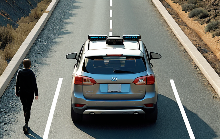 **A self-driving car facing a moral dilemma, visualized as a split road with a pedestrian on one side and the car's passengers on the other. The scene should evoke a sense of ethical conflict and uncertainty. Style: photorealistic, slightly dystopian.**