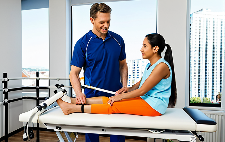 Exoskeleton Training**
"A physical therapist assisting a patient in using an exoskeleton for leg rehabilitation, in a bright and modern physiotherapy clinic, fully clothed, appropriate attire, safe for work, perfect anatomy, natural proportions, professional setting, high quality, family-friendly."
**